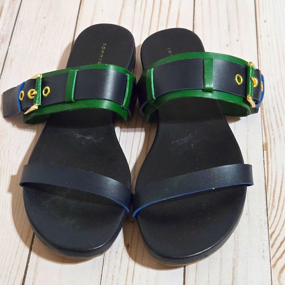 Tommy Hilfiger Jalyn Navy Green Buckle Slide Sandals Women’s Size 7.5